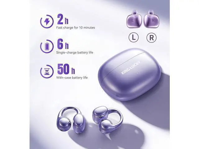 Alt view image 7 of 7 - Truly upgrade Clip on Earbuds Open Ear Wireless Bluetooth 6.0 Headphones with Mic 50H Play ENC Call ipx5Waterproof Sports Ear Buds Comfortable for Small Ears&Glasses Wearers Workouts Purple
