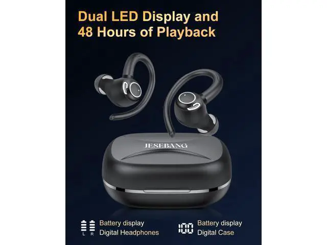 Alt view image 5 of 7 - Wireless Earbuds Bluetooth 5.4 Headphones Sport Over Ear Buds With ENC Noise Cancelling Mic 48H Wireless Earphone With Earhooks Stereo Deep Bass IP7 Waterproof ear bud for Workout Running Black