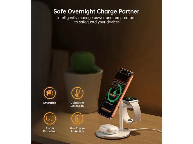 Alt view image 5 of 7 - 3 in 1 Wireless Charging Station for Devices 15W Fast Wireless Mag-Safe Charger Stand with 20W Adapter for iPhone 17 16 15 14 13 12 Pro Max/Air/Plus/Pro/Mini iWatch AirPods (White)
