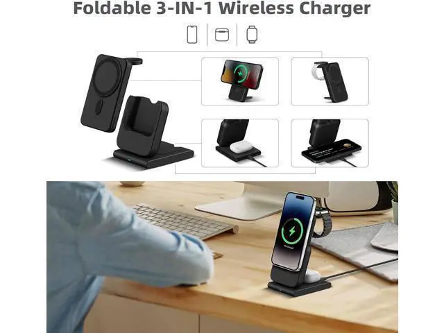 Alt view image 3 of 7 - Foldable Wireless Charging Station: 3-in-1 Charger Stand with 5000mAh Portable Power Bank for iPhone 17/16/15/14/13/12 - Removable Battery Pack for Watch (Black)