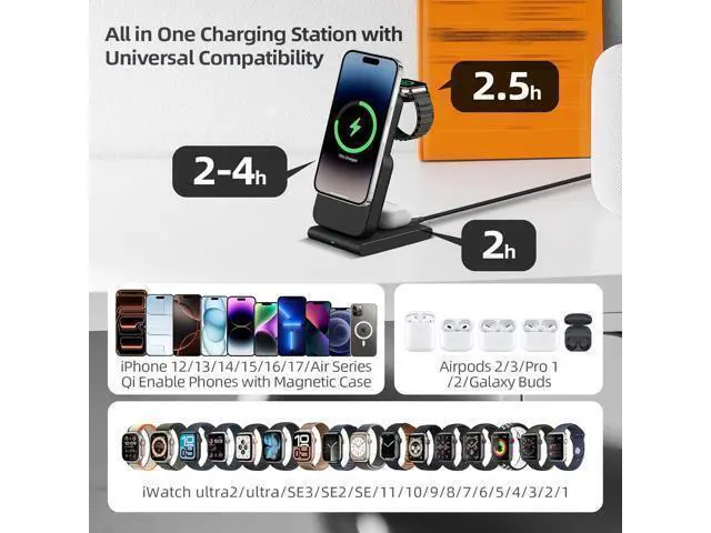 Alt view image 2 of 7 - Foldable Wireless Charging Station: 3-in-1 Charger Stand with 5000mAh Portable Power Bank for iPhone 17/16/15/14/13/12 - Removable Battery Pack for Watch (Black)