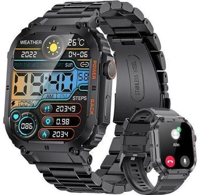 Main image of Military Smart Watches for Men, Smart Watch with Answer/Make Call Compatible with Android iOS Phone, Smartwatch with Heart Rate SpO2 Pressure Sleep Monitor, IP67 Waterproof Stainless Steel Smart Watch