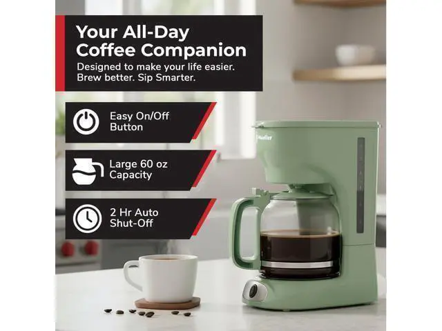 Alt view image 2 of 7 - 12-Cup Drip Green Coffee Maker, Borosilicate Carafe, Auto-Off, Reusable Filter, Anti-Drip, Keep-Warm Function, Clear Water Level Window, Green Kitchen Accessories & Décor