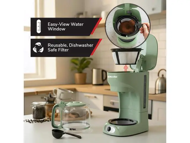 Alt view image 5 of 7 - 12-Cup Drip Green Coffee Maker, Borosilicate Carafe, Auto-Off, Reusable Filter, Anti-Drip, Keep-Warm Function, Clear Water Level Window, Green Kitchen Accessories & Décor