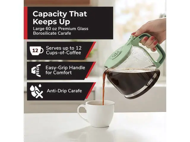Alt view image 4 of 7 - 12-Cup Drip Green Coffee Maker, Borosilicate Carafe, Auto-Off, Reusable Filter, Anti-Drip, Keep-Warm Function, Clear Water Level Window, Green Kitchen Accessories & Décor