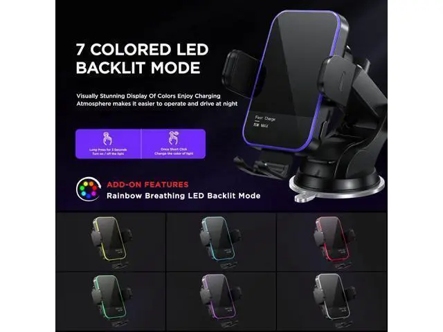 Alt view image 2 of 7 - Wireless Car Charger 7 Colored RGB Backlit 15W Auto Clamping Phone Holders for Your car fit for iPhone 16 15 14 Mini Pro Max Galaxy S25 Ultra S24 S23+ etc Fathers Day for Gifts