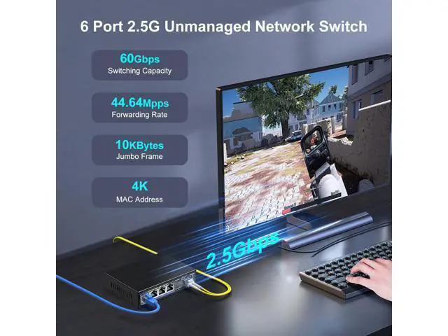 Alt view image 2 of 7 - 6 Port 2.5G Unmanaged Network Switch, VIMIN 4X 2.5Gbase-T Ports, 2X 10G SFP+ Port, 60Gbps Switching Capacity, IEEE802.3, Metal Housing, Fanless, Work for 2.5Gbps NAS, Wireless AP & PC