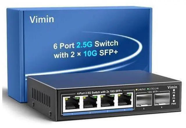 Main image of 6 Port 2.5G Unmanaged Network Switch, VIMIN 4X 2.5Gbase-T Ports, 2X 10G SFP+ Port, 60Gbps Switching Capacity, IEEE802.3, Metal Housing, Fanless, Work for 2.5Gbps NAS, Wireless AP & PC