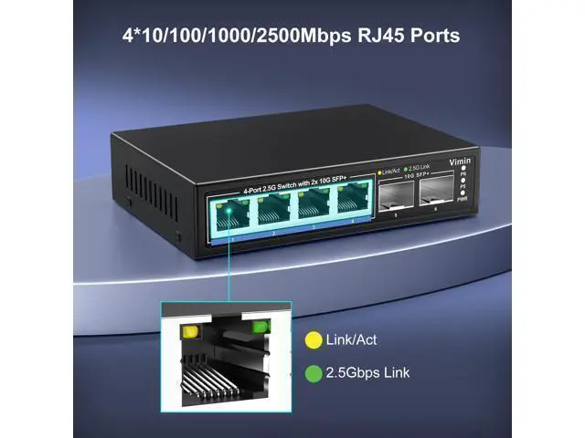 Alt view image 5 of 7 - 6 Port 2.5G Unmanaged Network Switch, VIMIN 4X 2.5Gbase-T Ports, 2X 10G SFP+ Port, 60Gbps Switching Capacity, IEEE802.3, Metal Housing, Fanless, Work for 2.5Gbps NAS, Wireless AP & PC