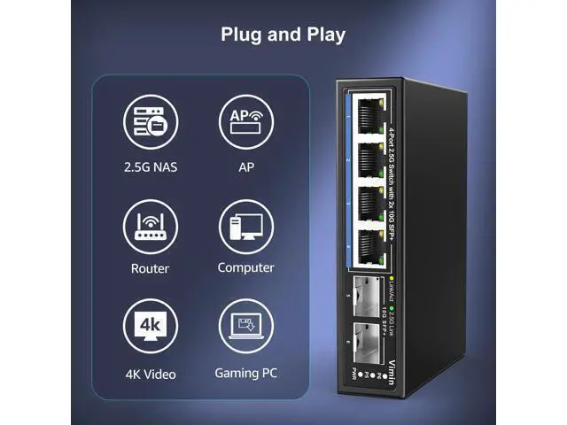 Alt view image 4 of 7 - 6 Port 2.5G Unmanaged Network Switch, VIMIN 4X 2.5Gbase-T Ports, 2X 10G SFP+ Port, 60Gbps Switching Capacity, IEEE802.3, Metal Housing, Fanless, Work for 2.5Gbps NAS, Wireless AP & PC