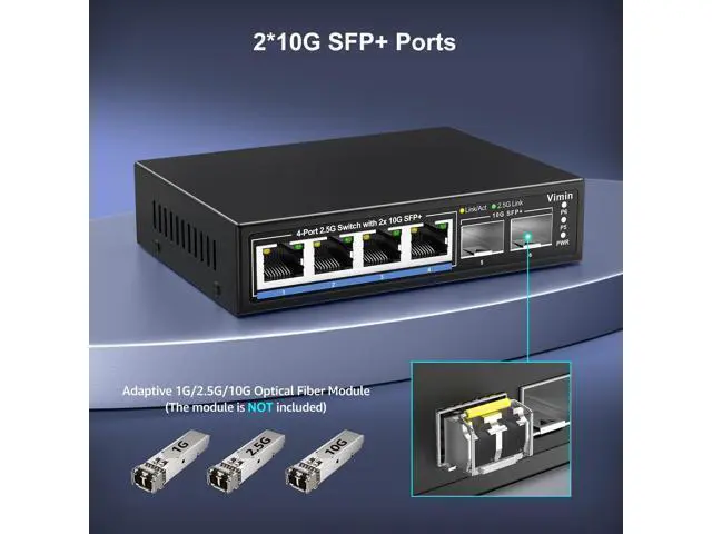 Alt view image 6 of 7 - 6 Port 2.5G Unmanaged Network Switch, VIMIN 4X 2.5Gbase-T Ports, 2X 10G SFP+ Port, 60Gbps Switching Capacity, IEEE802.3, Metal Housing, Fanless, Work for 2.5Gbps NAS, Wireless AP & PC