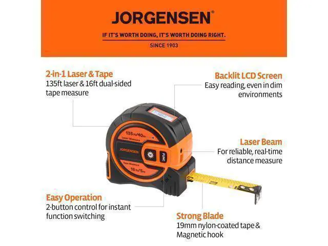 Alt view image 2 of 7 - Laser Tape Measure 2-in-1, 135Ft Laser Measuring Tool & 16Ft Measuring Tape with Movable Magnetic Hook, Laser Measure for Pythagorean, Area, Volume, Unit Ft/Ft+in/in/M NOT Digital