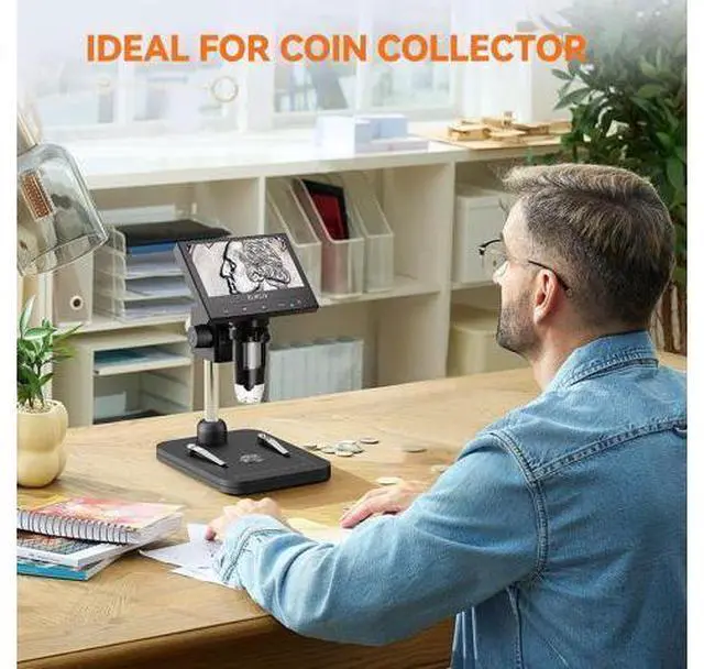 Main image of Coin Microscope, 4.3'' LCD Digital Microscope 1000x, Coin Magnifier with 8 Adjustable LED Lights, PC View Compatible with Windows/Mac, EDM4B, Black