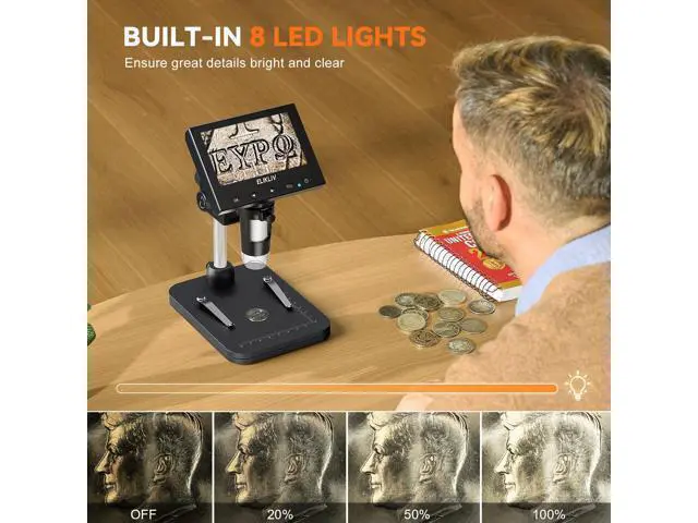 Alt view image 3 of 7 - Coin Microscope, 4.3'' LCD Digital Microscope 1000x, Coin Magnifier with 8 Adjustable LED Lights, PC View Compatible with Windows/Mac, EDM4B, Black