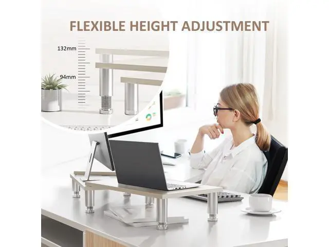 Alt view image 2 of 5 - AX Waber Dual Monitor Riser - Adjustable Length & Angle, Wooden Stand for 2 Monitors with Storage