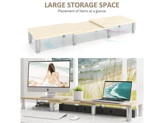 Alt view image 3 of 5 - AX Waber Dual Monitor Riser - Adjustable Length & Angle, Wooden Stand for 2 Monitors with Storage