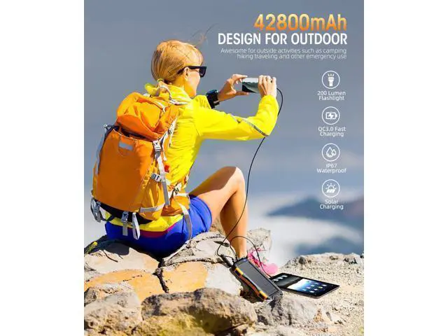 Alt view image 7 of 7 - Solar Charger Power Bank 42800mAh Portable Charger Solar Power Bank External Battery Pack 5V3.1A Qc 3.0 Fast Charger Built-in Super Bright Flashlight (Orange)