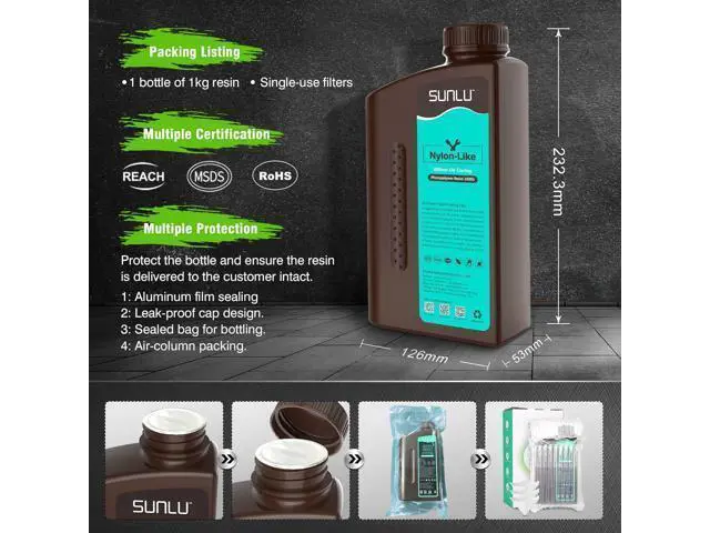 Alt view image 6 of 7 - SUNLU 3D Printer Resin, Strong Durable Nylon Like 3D Resin for LCD DLP SLA Resin 3D Printers, 395-405nm UV Light Curing 3D Printing Liquid Photopolymer Resin, Good for Functional Parts, 1000g, Black