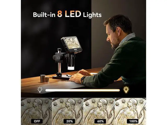 Alt view image 2 of 7 - Coin Microscope for Adults: 4.3'' LCD Digital Microscope 1000x with 8 Adjustable LED Lights, PC View Compatible with Windows/MacBook, EDM4 Max