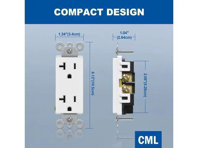Alt view image 5 of 7 - (20 Pack) CML 20 Amp Decorator Wall Receptacle, Standard Electrical Outlets, 20A/125V, 2 Pole 3 Wire, Non-Tamper-Resistant, UL Listed, White