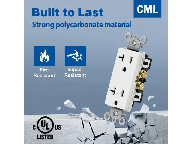 Alt view image 3 of 7 - (20 Pack) CML 20 Amp Decorator Wall Receptacle, Standard Electrical Outlets, 20A/125V, 2 Pole 3 Wire, Non-Tamper-Resistant, UL Listed, White