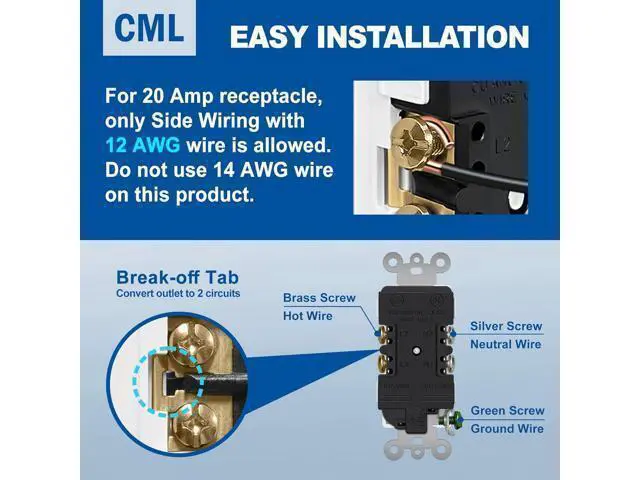 Alt view image 4 of 7 - (20 Pack) CML 20 Amp Decorator Wall Receptacle, Standard Electrical Outlets, 20A/125V, 2 Pole 3 Wire, Non-Tamper-Resistant, UL Listed, White