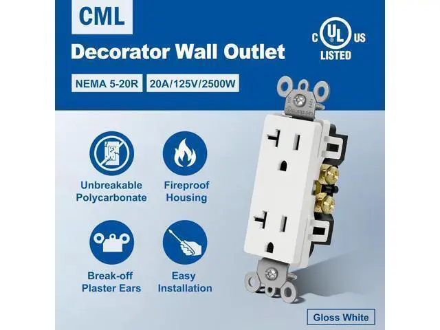 Alt view image 2 of 7 - (20 Pack) CML 20 Amp Decorator Wall Receptacle, Standard Electrical Outlets, 20A/125V, 2 Pole 3 Wire, Non-Tamper-Resistant, UL Listed, White