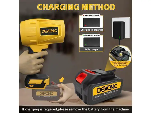 Alt view image 5 of 6 - DEVONIC Leaf Blower Cordless - Lightweight Electric Handheld Blower with 2×20V 4.0Ah Battery & Charger Included,3 Nozzles-Turbo Jet Blower for Lawn Care,Garage,Patio,Fallen Leaves and Car-deep Yellow