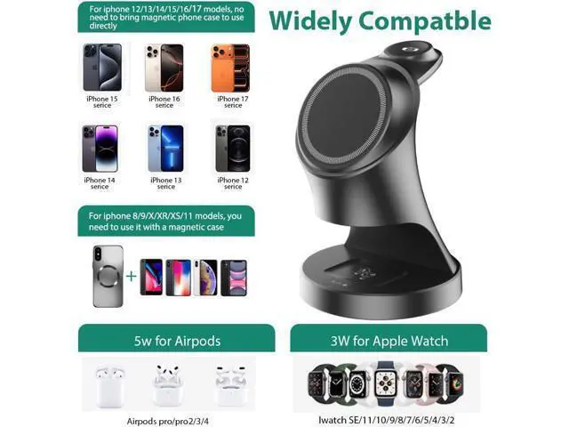 Alt view image 4 of 7 - Wireless Charger 3 in 1 Magnetic Wireless Charger Stand Fast Wireless Charging Dock for iPhone17/16/15/14/13/12 Series Watch Series .