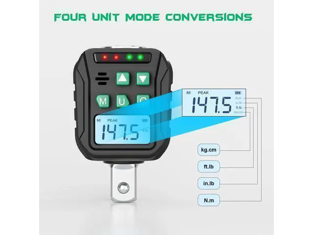 Alt view image 4 of 7 - 1/2-Inch Digital Torque Adapter, 7.38-147.5 Ft.lb/10-200 N.m, Electronic Torque Wrench Converter with ±2% Accuracy, Preset Function, Data Storage, 3/8 & 1/4 Adapter for Bike, Moto, Car
