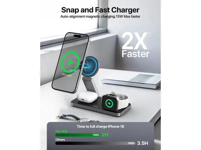 Alt view image 2 of 7 - Foldable 3 in 1 Wireless Charging Station for Magsafe Charger Stand Fast Magnetic Wireless Charger Station for iPhone 17 Air 16 15 14 13 12 Series Watch Ultra (Pure Black)