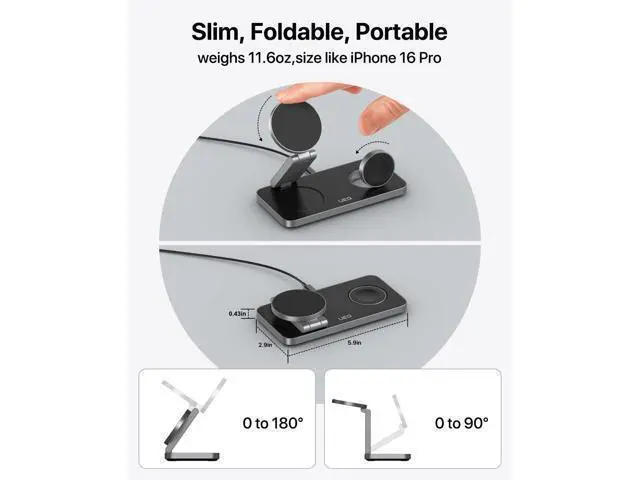 Alt view image 3 of 7 - Foldable 3 in 1 Wireless Charging Station for Magsafe Charger Stand Fast Magnetic Wireless Charger Station for iPhone 17 Air 16 15 14 13 12 Series Watch Ultra (Pure Black)