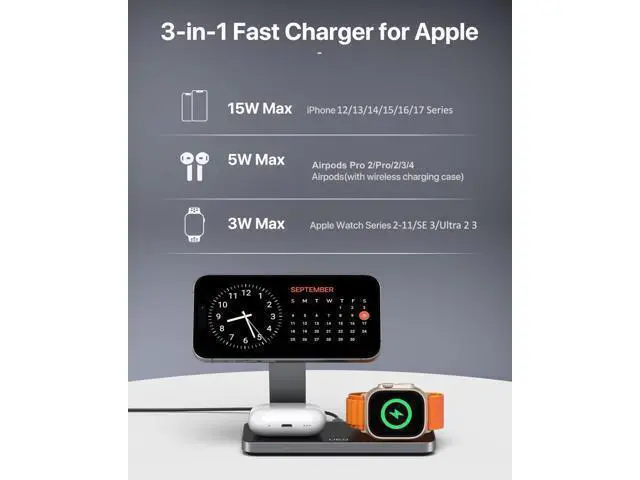 Alt view image 6 of 7 - Foldable 3 in 1 Wireless Charging Station for Magsafe Charger Stand Fast Magnetic Wireless Charger Station for iPhone 17 Air 16 15 14 13 12 Series Watch Ultra (Pure Black)