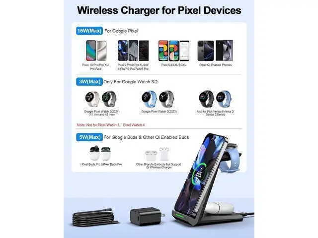 Alt view image 2 of 7 - Wireless Charger for Google - 3 in 1 Wireless Charging Station Fast Charger Stand Dock for Pixel 10/10 Pro/9/Fold/8/7 Buds Pro 2/Pro Watch 3/2 Fitbit Versa 4/Sense 2(Not for Pixel Watch 1/4)