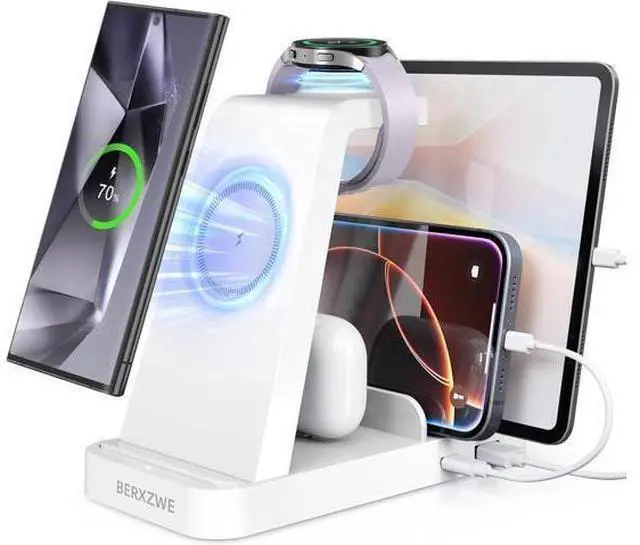 Main image of Wireless Charger for 5 in 1 Wireless Charging Station for Charger Dock Stand for Galaxy Watch Ultra 7 6 5 4 3 Galaxy S25 S24 Ultra S23 S22 S21 Note 20 10 Z Fold Buds White