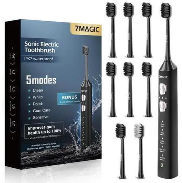 Main image of Sonic Electric Toothbrush for Adults and Kids - Up to 180 Days Runtime, 42000 VPM Powered Toothbrush, 5 Modes & 3 Intensities for Sensitive Teeth & Braces, Includes 8 Brush Heads, Black