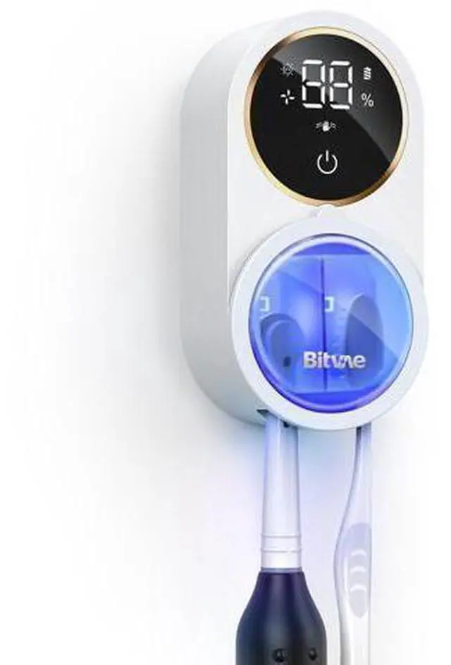 Main image of Upgraded Tooth Brush Holder for Bathroom 2.0, Infrared Sensing Toothbrush Cleaner, Wall-Mounted for Most Size Toothbrushes, Air Drying, LED Smart Screen, White Gold Trim