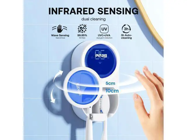 Alt view image 2 of 7 - Upgraded Tooth Brush Holder for Bathroom 2.0, Infrared Sensing Toothbrush Cleaner, Wall-Mounted for Most Size Toothbrushes, Air Drying, LED Smart Screen, White Gold Trim