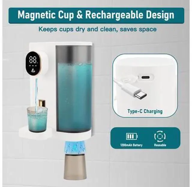 Alt view image 3 of 7 - Dispenser, 20.3Oz Mouthwash Dispenser for Bathroom, 4 Dispensing Levels, with 2 Mouthwash Cups, LED Screen, Great for Kids and Adults (White)