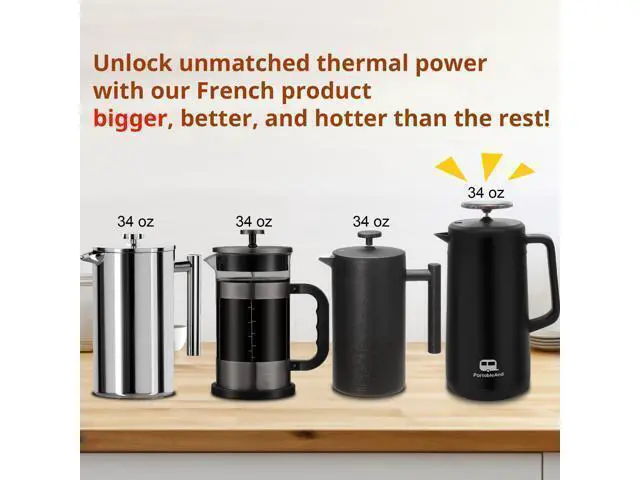 Alt view image 3 of 7 - 34oz Double Vacuum Insulation Large Silicone French Press Coffee Maker with Silicone Ring, Stainless Steel, Perfect for Camping, Travel, and At-Home Use (Matte Black)