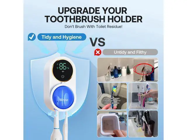 Alt view image 5 of 7 - Upgraded Tooth Brush Holder for Bathroom 2.0, Infrared Sensing Toothbrush Cleaner, Wall-Mounted for Most Size Toothbrushes, Air Drying, LED Smart Screen, White Gold Trim