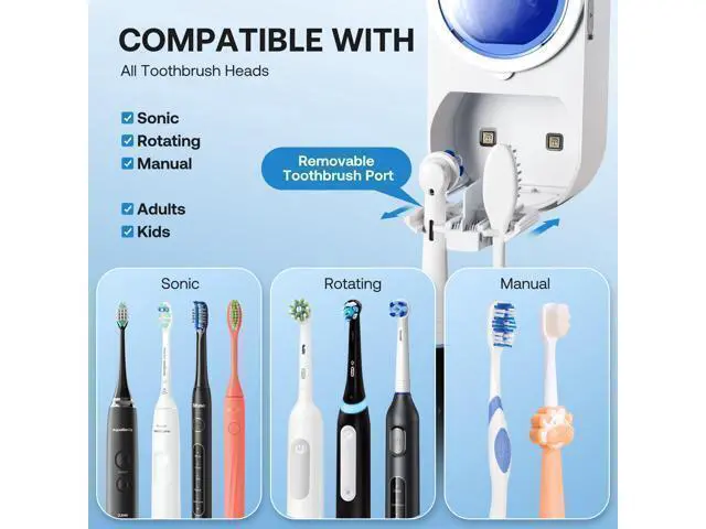 Alt view image 6 of 7 - Upgraded Tooth Brush Holder for Bathroom 2.0, Infrared Sensing Toothbrush Cleaner, Wall-Mounted for Most Size Toothbrushes, Air Drying, LED Smart Screen, White Gold Trim