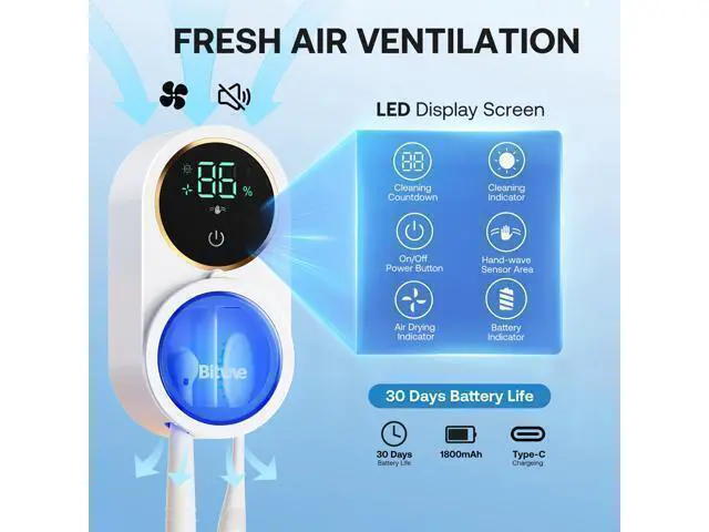 Alt view image 7 of 7 - Upgraded Tooth Brush Holder for Bathroom 2.0, Infrared Sensing Toothbrush Cleaner, Wall-Mounted for Most Size Toothbrushes, Air Drying, LED Smart Screen, White Gold Trim