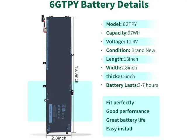 Alt view image 2 of 4 - 97Wh Type 6GTPY Battery for Dell XPS 15-9560 15-9550 15-9570 15-7590 Precision 5520 5530 5540 5510 Vostro 7500 4GVGH 1P6KD 5XJ28 GPM03 P56F, 6GTPY Battery 97Wh Replacement for Dell XPS 9560