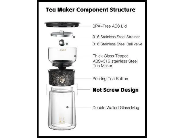 Alt view image 6 of 7 - Cool Glass Teapot with Infuser, Smart One Touch Tea Maker for Loose Tea Diffusers with Insulated Mug and Portable Tea Kits, Enchanted Teapot Alternatives for Tea Lover Gifts