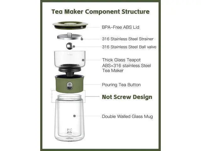 Alt view image 7 of 7 - Modern Glass Infuser Teapot, Smart One Touch Tea Maker for Loose Tea Diffusers with Insulated Mug and Portable Case, Enchanted Teapot Alternatives for Tea Lover Gifts