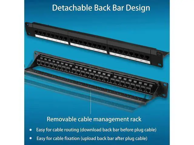 Alt view image 3 of 7 - Patch Panel 24 Port Cat6 with Inline Keystone 10G Support, Pass-Thru Coupler Patch Panel UTP 19-Inch with Removable Back Bar, 1U Network Patch Panel for Cat6, Cat5e, Cat5 Cabling