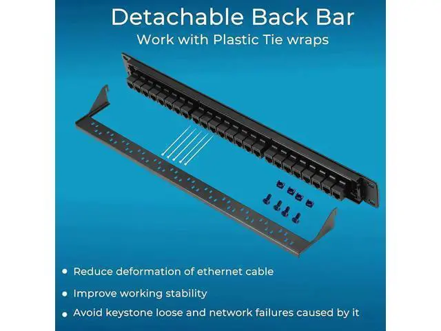 Alt view image 7 of 7 - Patch Panel 24 Port Cat6 with Inline Keystone 10G Support, Pass-Thru Coupler Patch Panel UTP 19-Inch with Removable Back Bar, 1U Network Patch Panel for Cat6, Cat5e, Cat5 Cabling