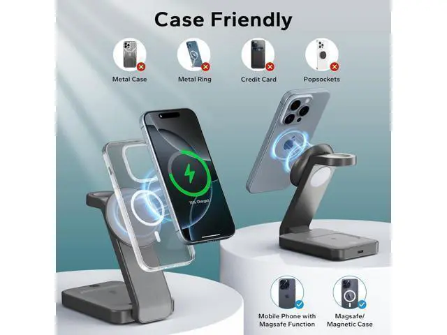 Alt view image 4 of 7 - 3 in 1 Foldable Wireless Charging Station for MagSafe Nightstand Magnetic Charger Stand for iPhone 16 15 14 13 Pro Max Travel Charging Dock with Night Light for Watch/AirPods (Gray)