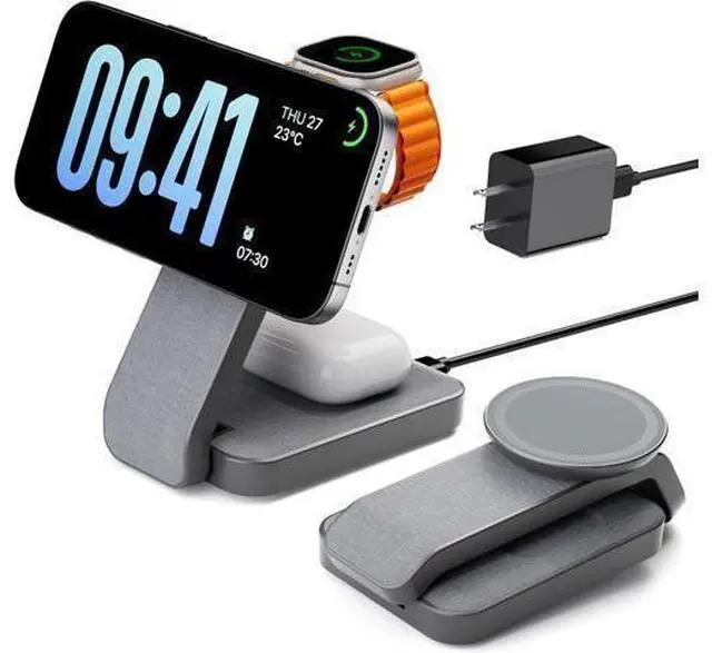Main image of 3 in 1 Foldable Wireless Charging Station for MagSafe Nightstand Magnetic Charger Stand for iPhone 16 15 14 13 Pro Max Travel Charging Dock with Night Light for Watch/AirPods (Gray)